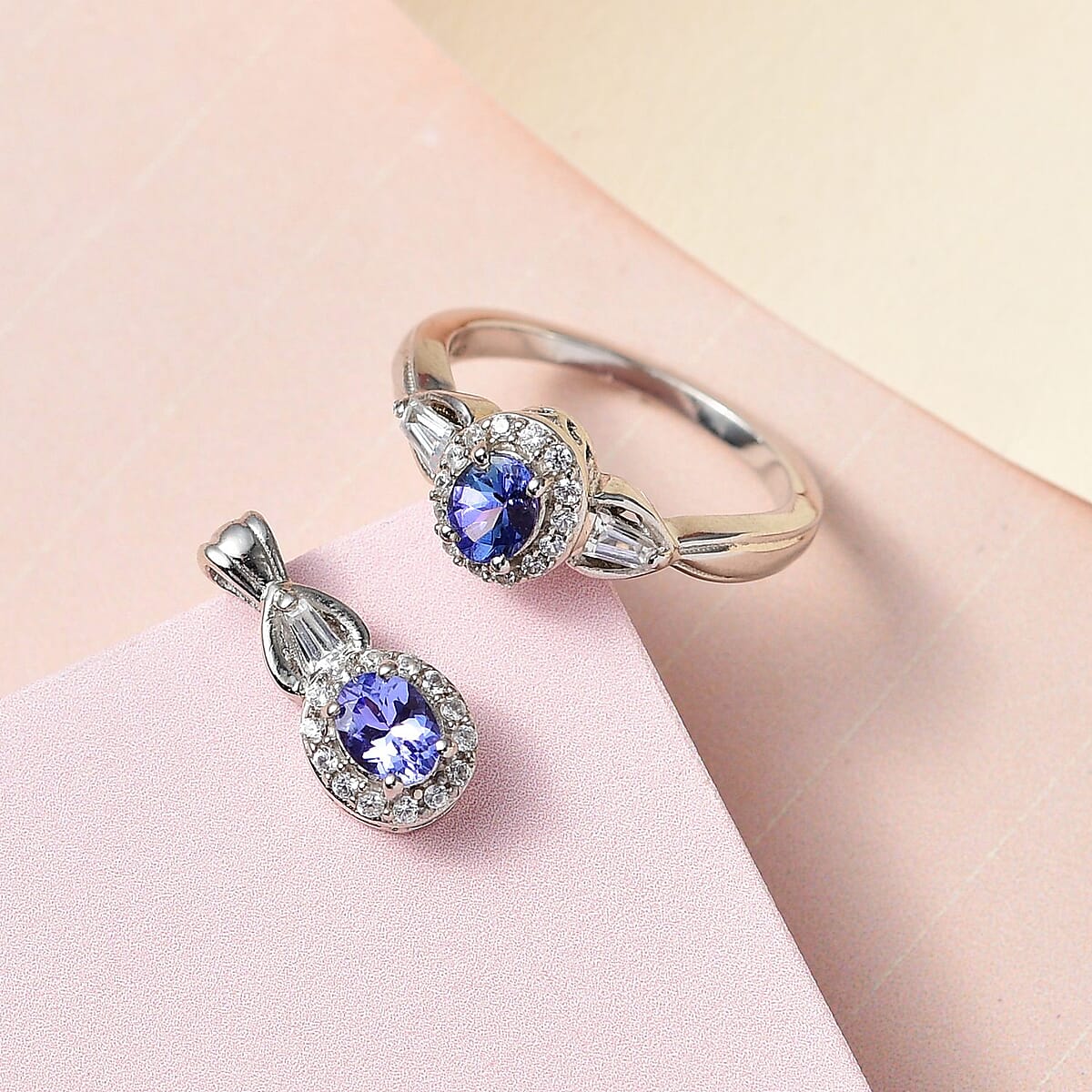 AAA Tanzanite and Natural White Zircon Ring and Pendant in Platinum Over Sterling Silver 1.35 ctw image number 1