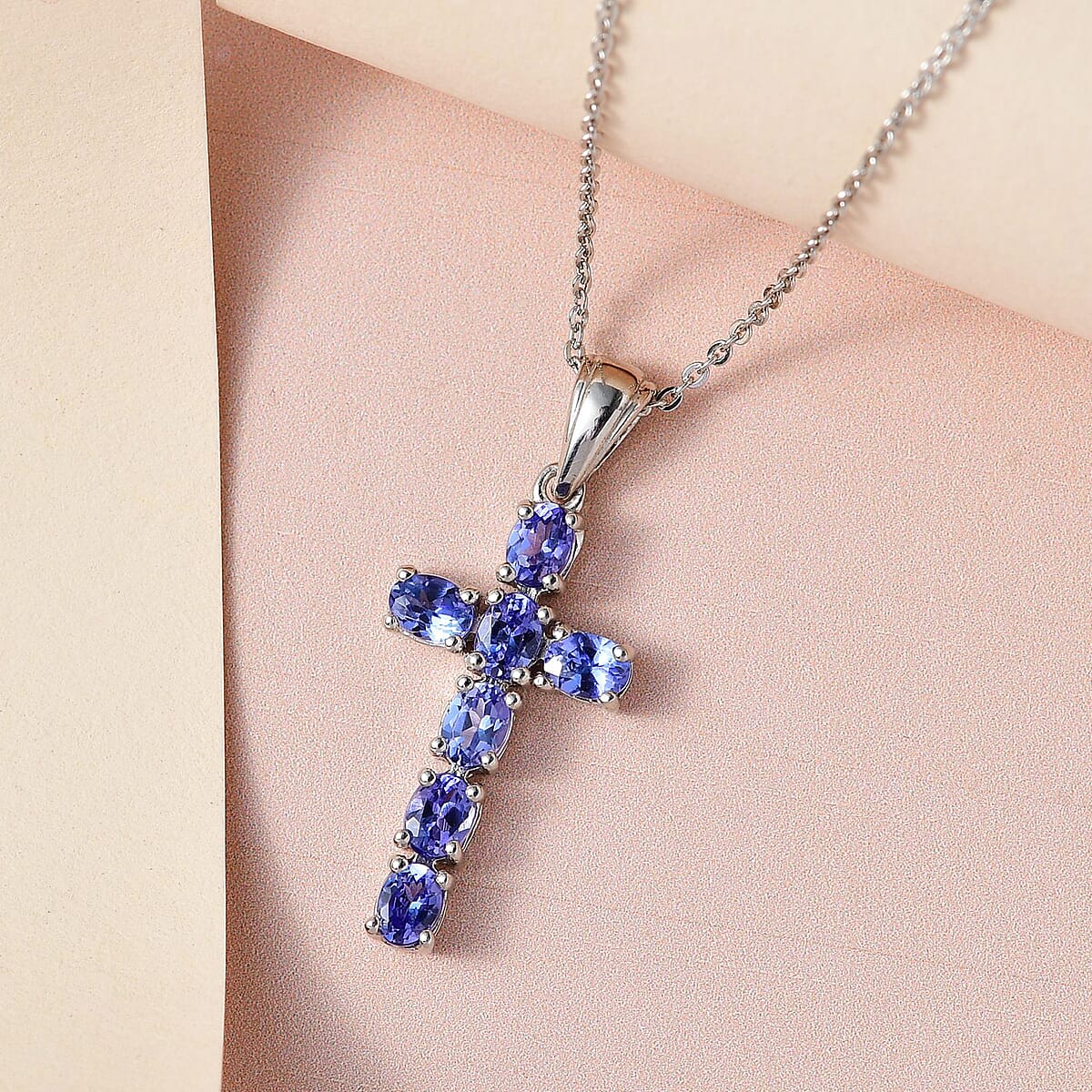 AAA Tanzanite Cross Pendant Necklace 20 Inches in Platinum Over Sterling Silver 1.40 ctw image number 1