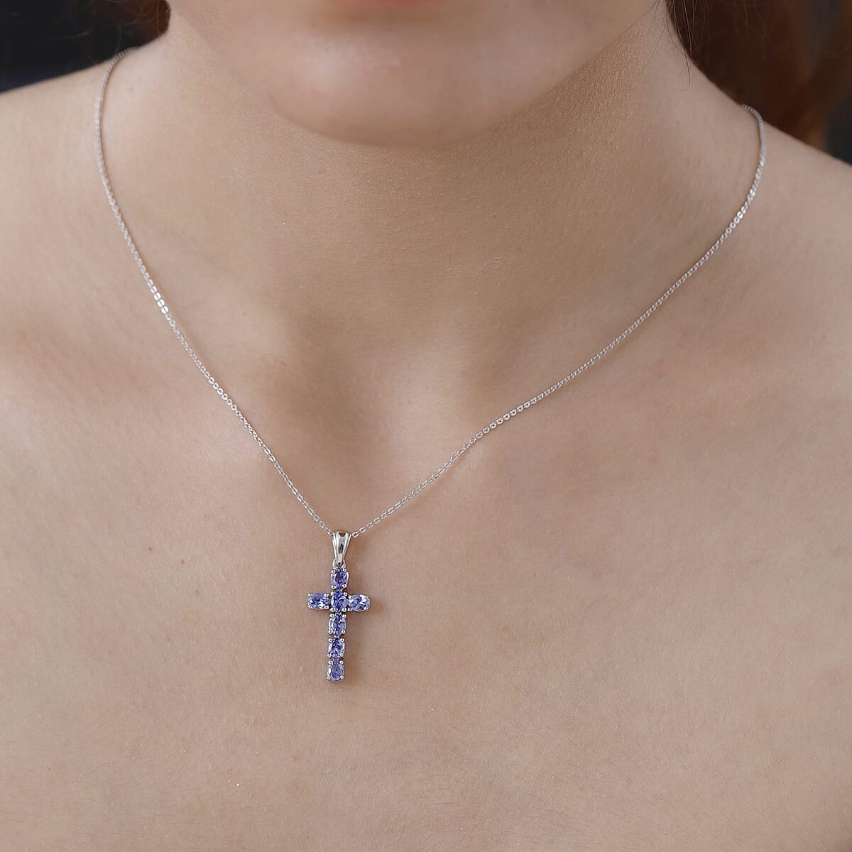 AAA Tanzanite Cross Pendant Necklace 20 Inches in Platinum Over Sterling Silver 1.40 ctw image number 2