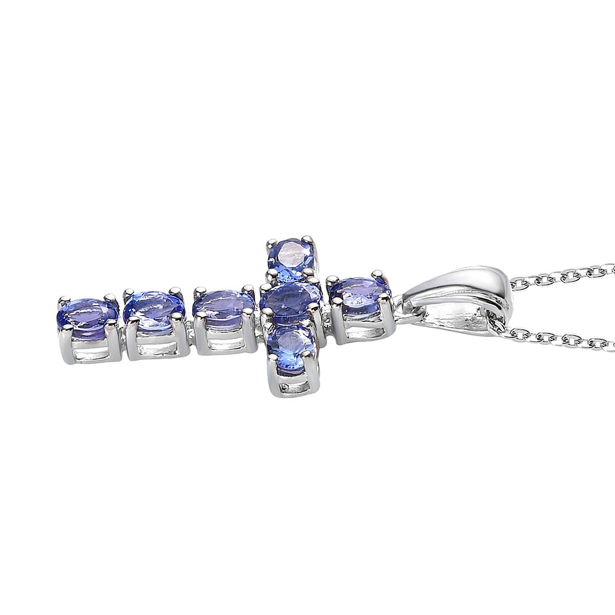 AAA Tanzanite Cross Pendant Necklace 20 Inches in Platinum Over Sterling Silver 1.40 ctw image number 3