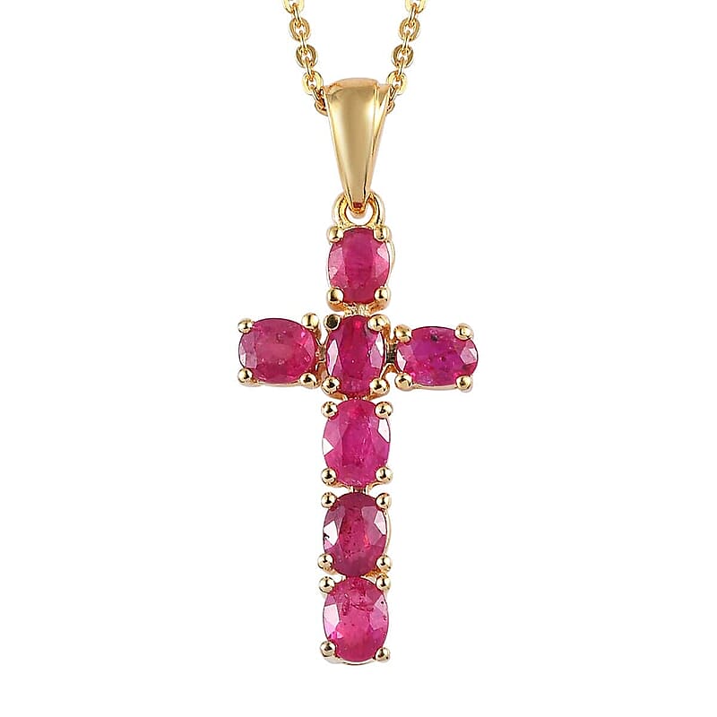 Premium Mozambique Ruby Cross Pendant Necklace 20 Inches in Vermeil Yellow Gold Over Sterling Silver 1.35 ctw