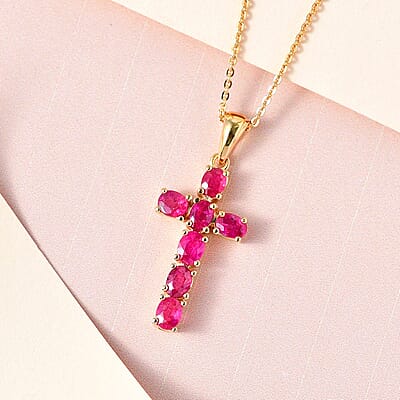 Premium Mozambique Ruby Cross Pendant Necklace 20 Inches in Vermeil Yellow Gold Over Sterling Silver 1.35 ctw