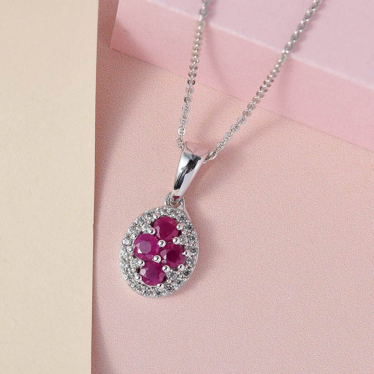 Premium Mozambique Ruby, White Zircon Pendant Necklace (20 Inches) in Platinum Over Sterling Silver image number 1