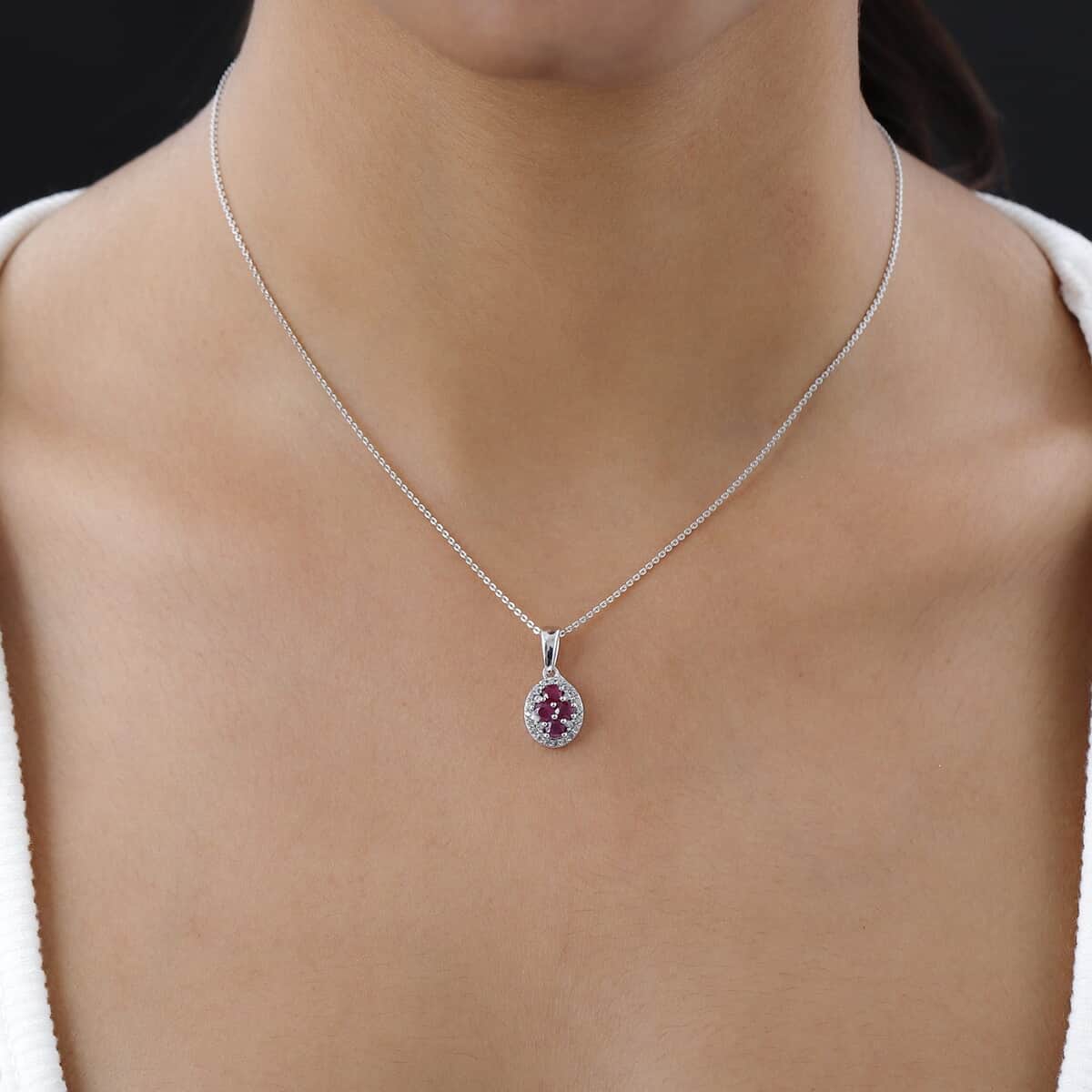 Premium Mozambique Ruby, White Zircon Pendant Necklace (20 Inches) in Platinum Over Sterling Silver image number 2
