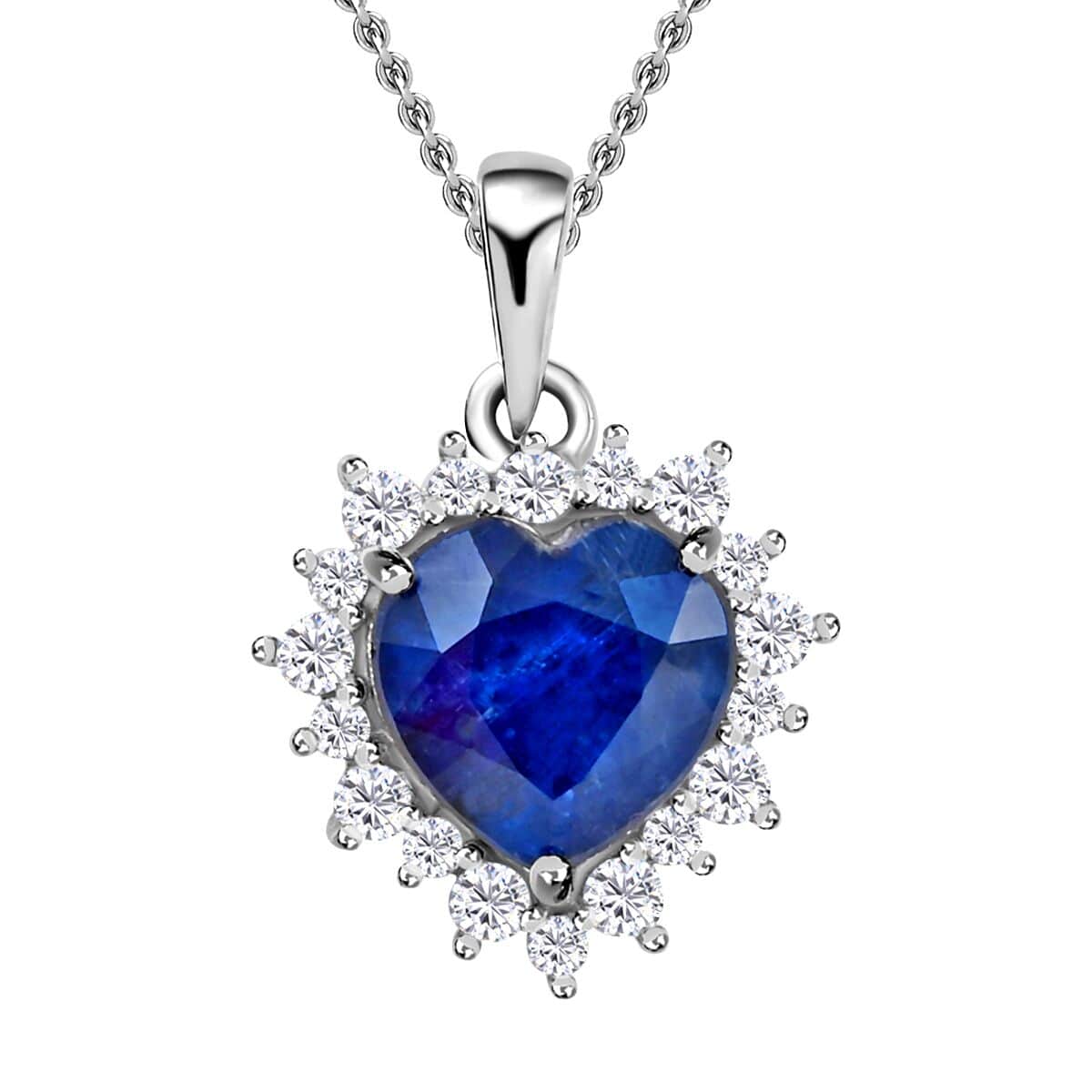 Premium Kashmir Kyanite and Moissanite Heart Shape Halo Pendant Necklace 20 Inches in Platinum Over Sterling Silver 3.15 ctw image number 0
