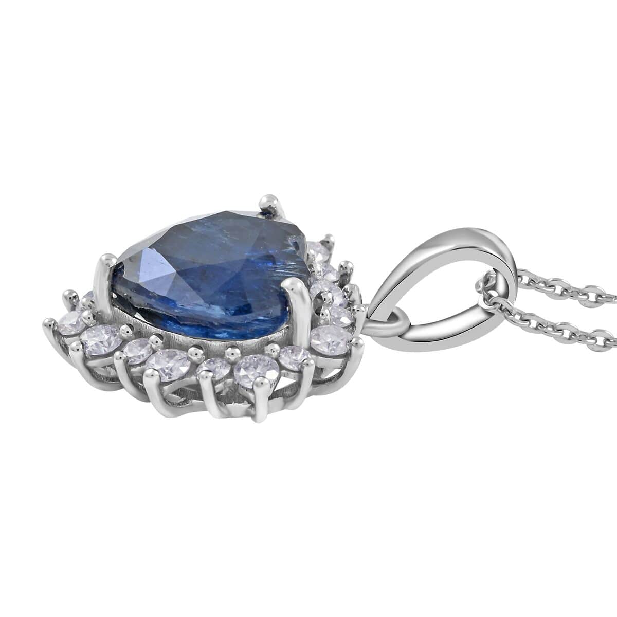 Premium Kashmir Kyanite and Moissanite Heart Shape Halo Pendant Necklace 20 Inches in Platinum Over Sterling Silver 3.15 ctw image number 3