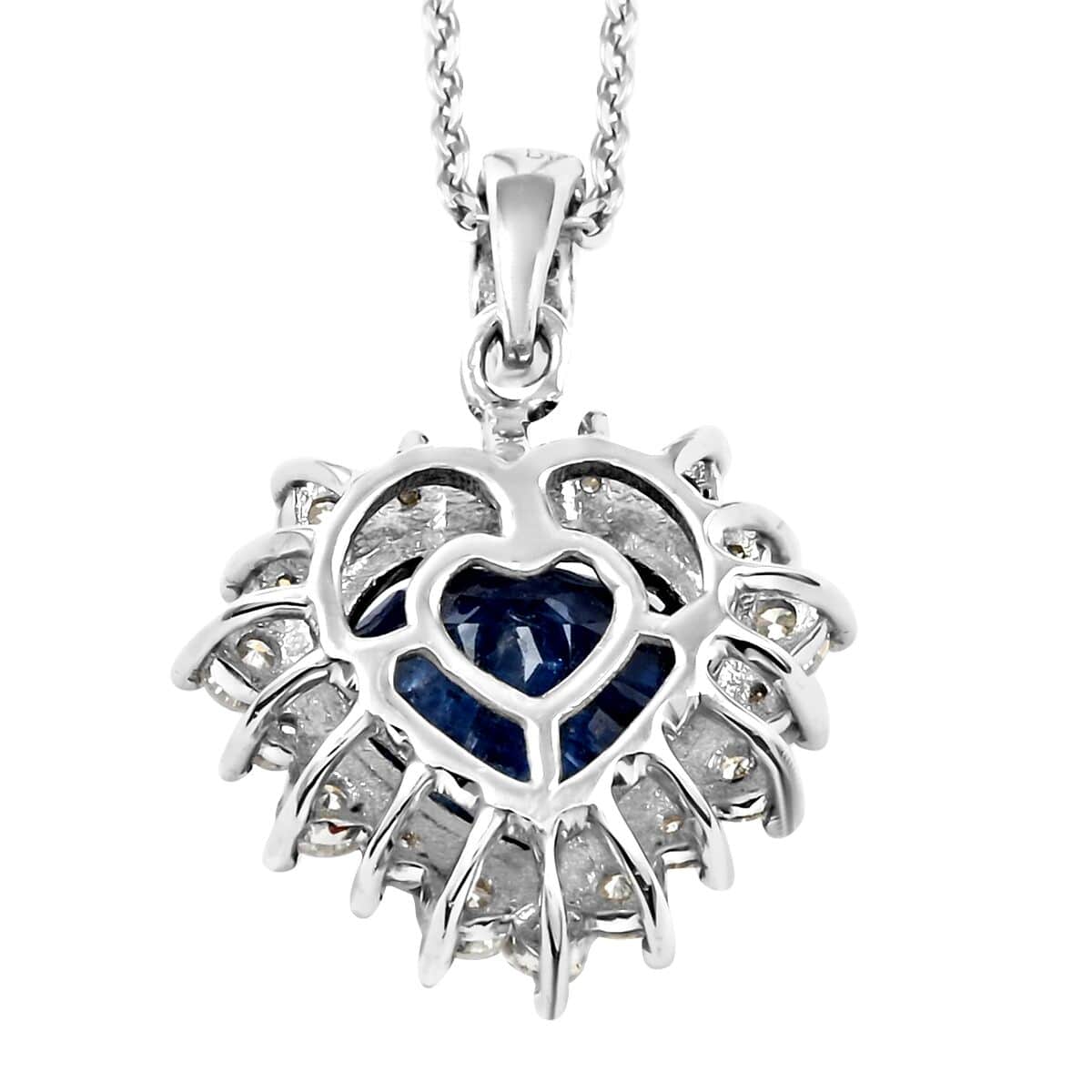 Premium Kashmir Kyanite and Moissanite Heart Shape Halo Pendant Necklace 20 Inches in Platinum Over Sterling Silver 3.15 ctw image number 4
