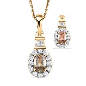 Turkizite Halo Pendant Necklace, Turkizite Pendant, White Zircon Accent Pendant Necklace, 20 Inch Pendant Necklace, Vermeil Yellow Gold Over Sterling Silver Pendant Necklace 0.90 ctw