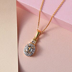 Turkizite Halo Pendant Necklace, Turkizite Pendant, White Zircon Accent Pendant Necklace, 20 Inch Pendant Necklace, Vermeil Yellow Gold Over Sterling Silver Pendant Necklace 0.90 ctw