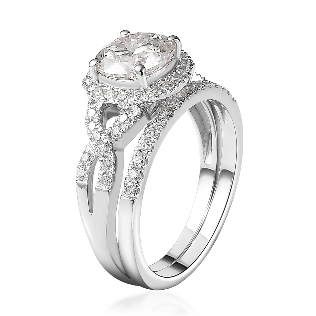 100 Facet Moissanite Bridal Set of 2 Ring in Platinum Over Sterling Silver (Size 5.0) 2.65 ctw image number 4