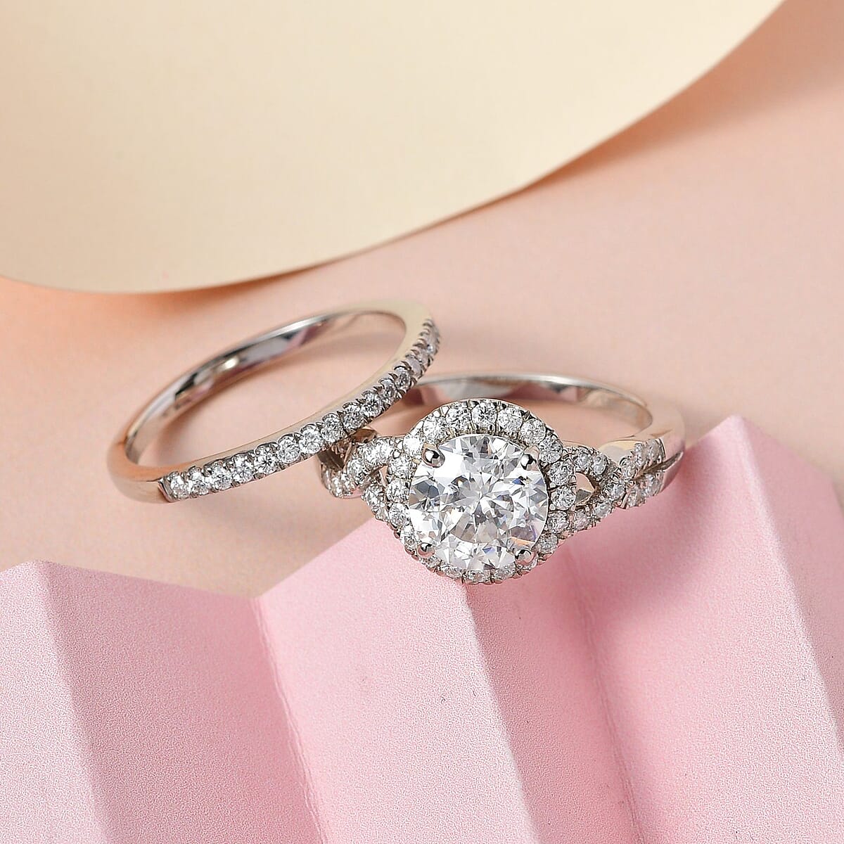 100 Facet Moissanite Bridal Set of 2 Ring in Platinum Over Sterling Silver (Size 8.0) 2.65 ctw image number 1