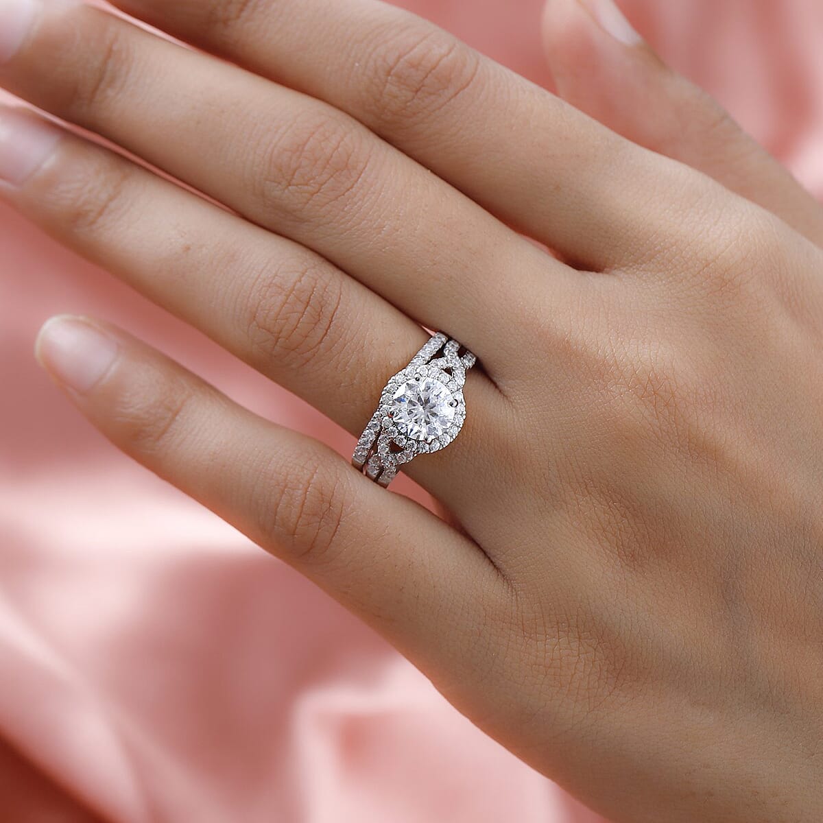 100 Facet Moissanite Bridal Set of 2 Ring in Platinum Over Sterling Silver (Size 8.0) 2.65 ctw image number 2