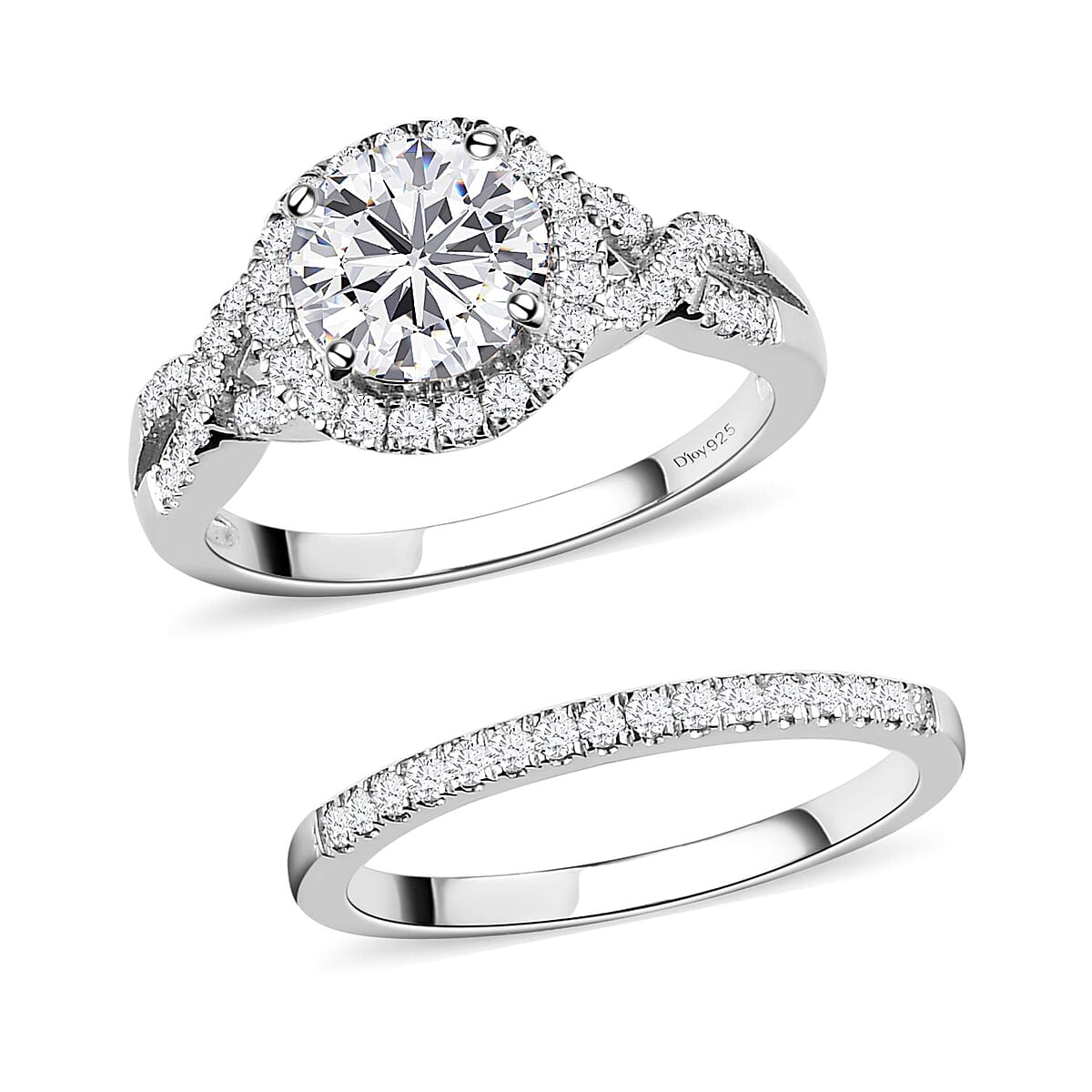 100 Facet Moissanite Bridal Set of 2 Ring in Platinum Over Sterling Silver (Size 8.0) 2.65 ctw image number 3