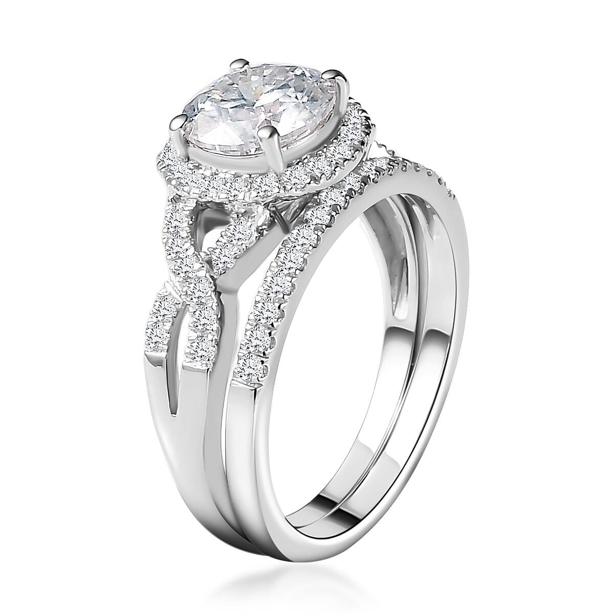 100 Facet Moissanite Bridal Set of 2 Ring in Platinum Over Sterling Silver (Size 8.0) 2.65 ctw image number 4