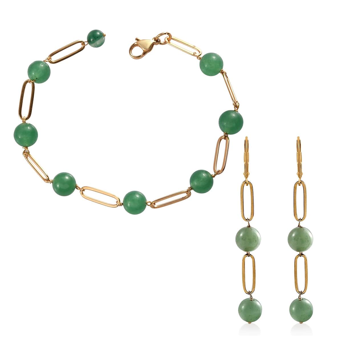 TLV Green Aventurine Bracelet (8In) and Earrings in ION Plated YG Stainless Steel 39.50 ctw image number 0