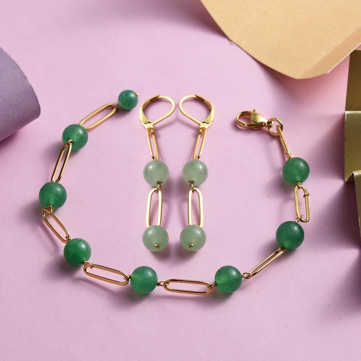 TLV Green Aventurine Bracelet (8In) and Earrings in ION Plated YG Stainless Steel 39.50 ctw image number 1