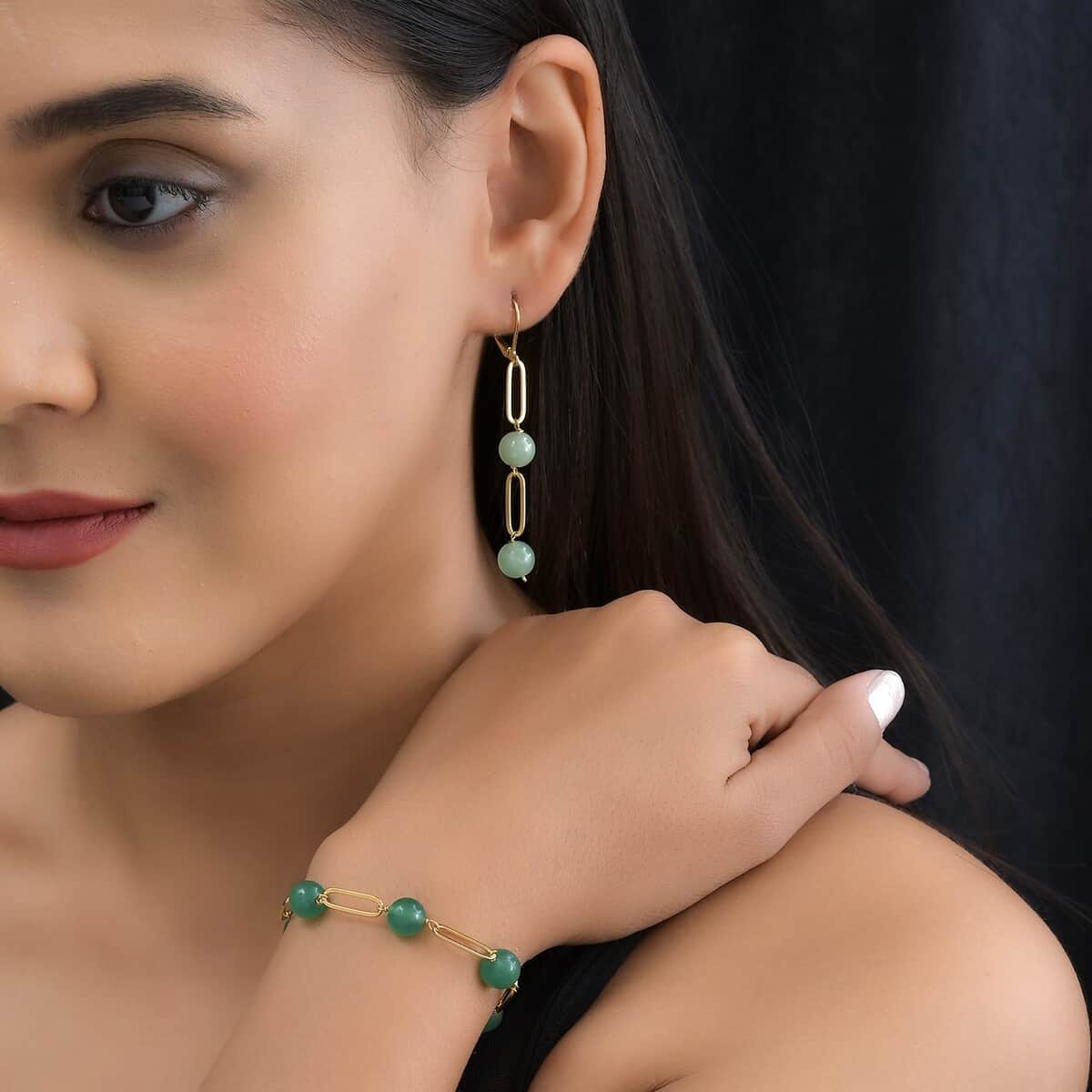 Green Aventurine Paper Clip Chain Station Bracelet (8In) and Earrings in ION Plated Yellow Gold Stainless Steel 39.50 ctw image number 2