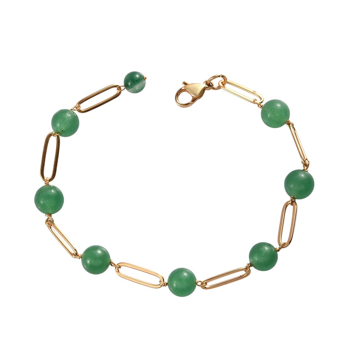 Green Aventurine Paper Clip Chain Station Bracelet (8In) and Earrings in ION Plated Yellow Gold Stainless Steel 39.50 ctw image number 3