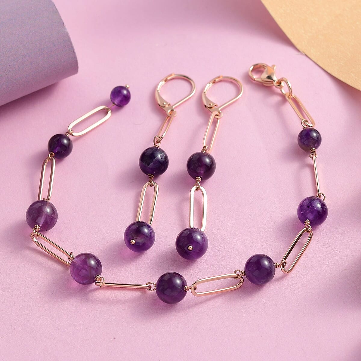 Amethyst Paper Clip Chain Station Bracelet (8In) and Earrings in ION Plated Rose Gold Stainless Steel 32.35 ctw image number 1
