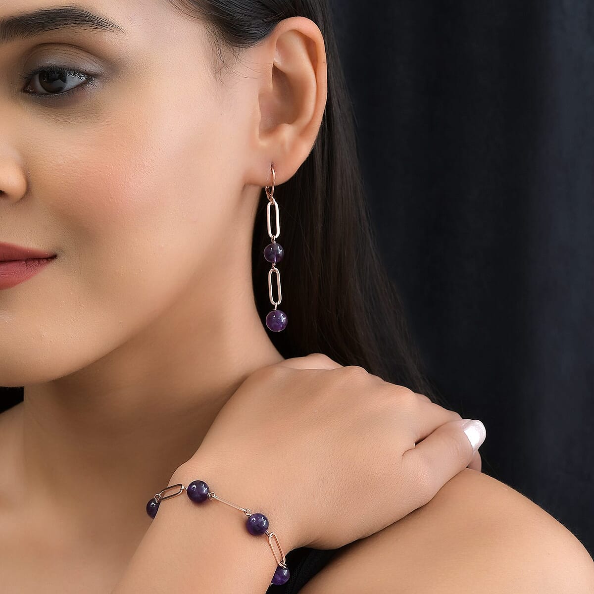Amethyst Paper Clip Chain Station Bracelet (8In) and Earrings in ION Plated Rose Gold Stainless Steel 32.35 ctw image number 2