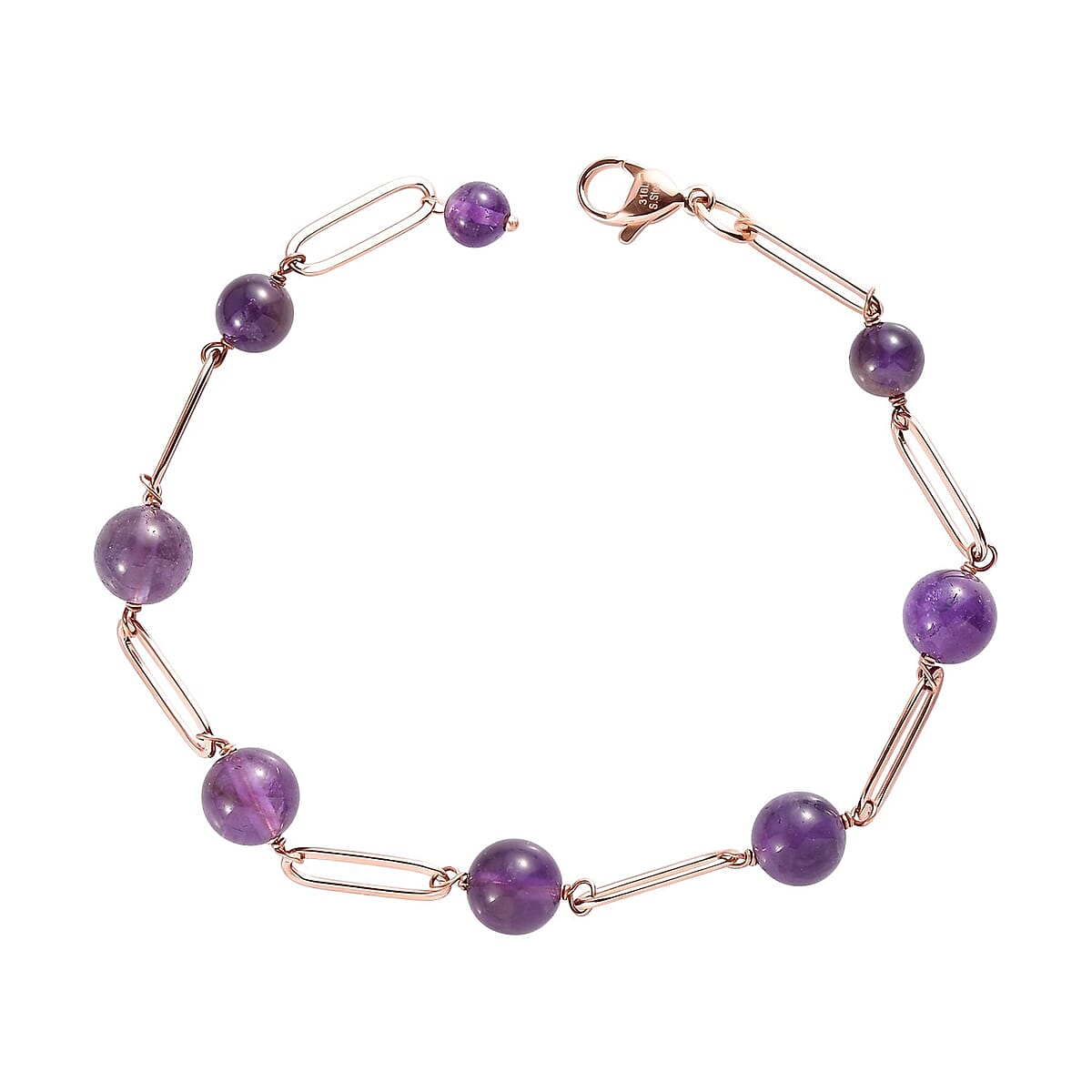Amethyst Paper Clip Chain Station Bracelet (8In) and Earrings in ION Plated Rose Gold Stainless Steel 32.35 ctw image number 3
