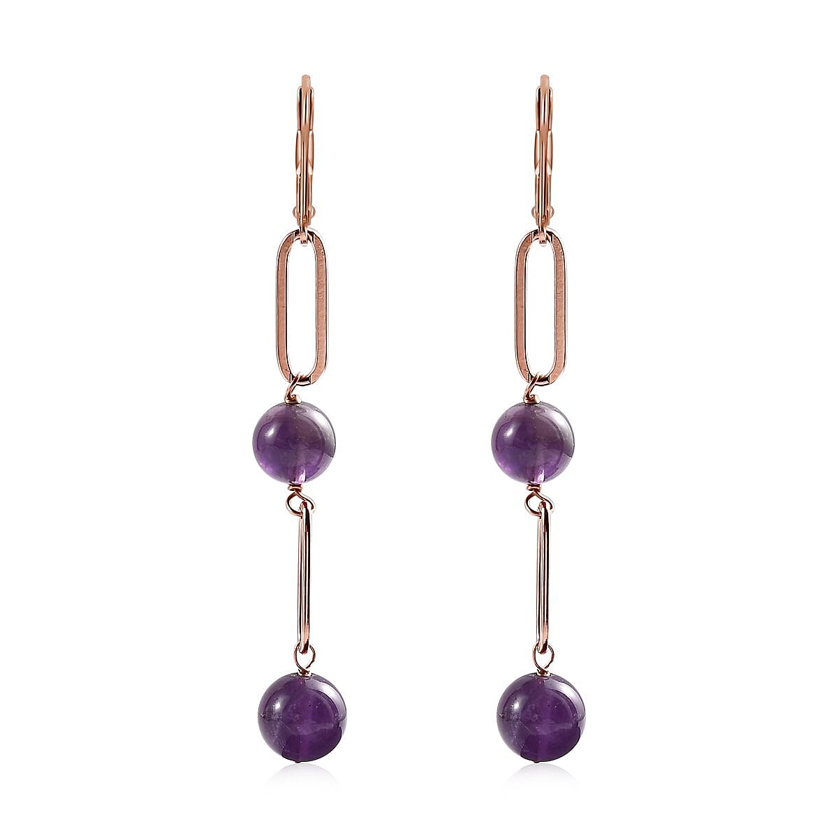 Amethyst Paper Clip Chain Station Bracelet (8In) and Earrings in ION Plated Rose Gold Stainless Steel 32.35 ctw image number 5