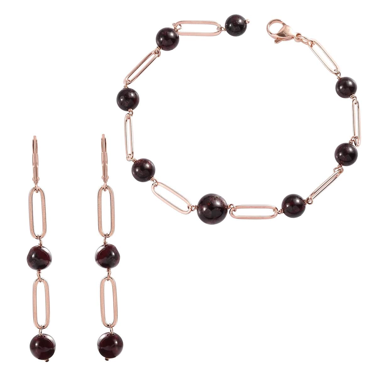 Orissa Rhodolite Garnet Paper Clip Chain Station Bracelet (8In) and Earrings in ION Plated RG Stainless Steel 44.40 ctw | Tarnish-Free, Waterproof, Sweat Proof Jewelry image number 0