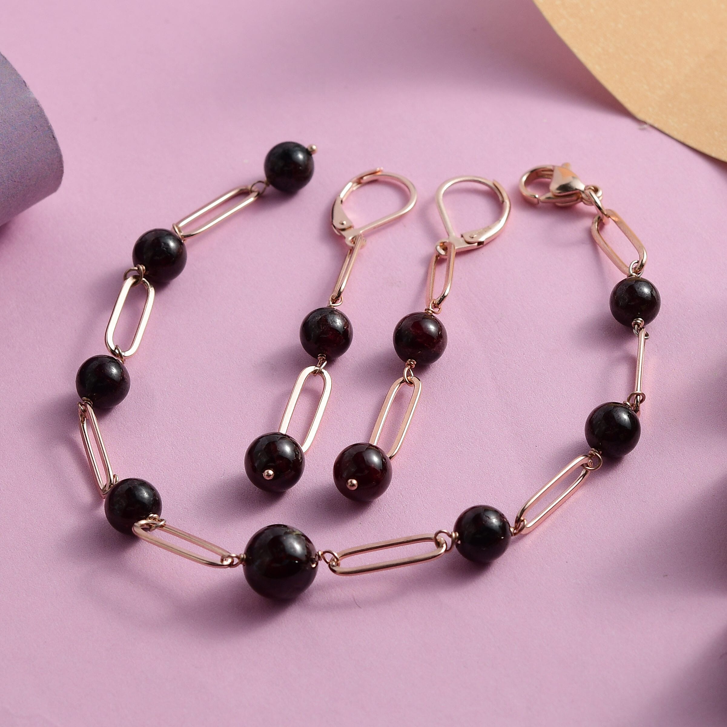 Orissa Rhodolite Garnet Paper Clip Chain Station Bracelet (8In) and Earrings in ION Plated RG Stainless Steel 44.40 ctw | Tarnish-Free, Waterproof, Sweat Proof Jewelry