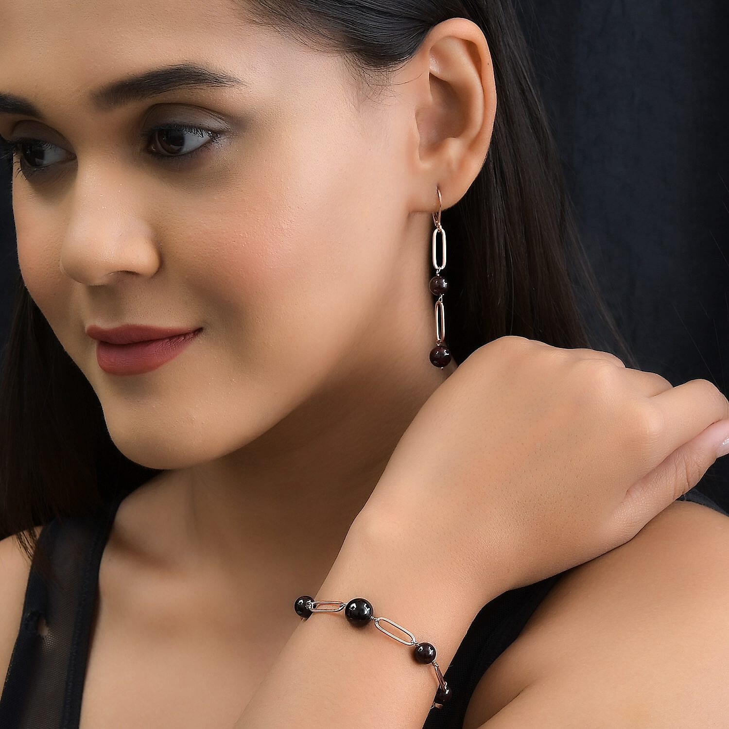 Orissa Rhodolite Garnet Paper Clip Chain Station Bracelet (8In) and Earrings in ION Plated RG Stainless Steel 44.40 ctw | Tarnish-Free, Waterproof, Sweat Proof Jewelry