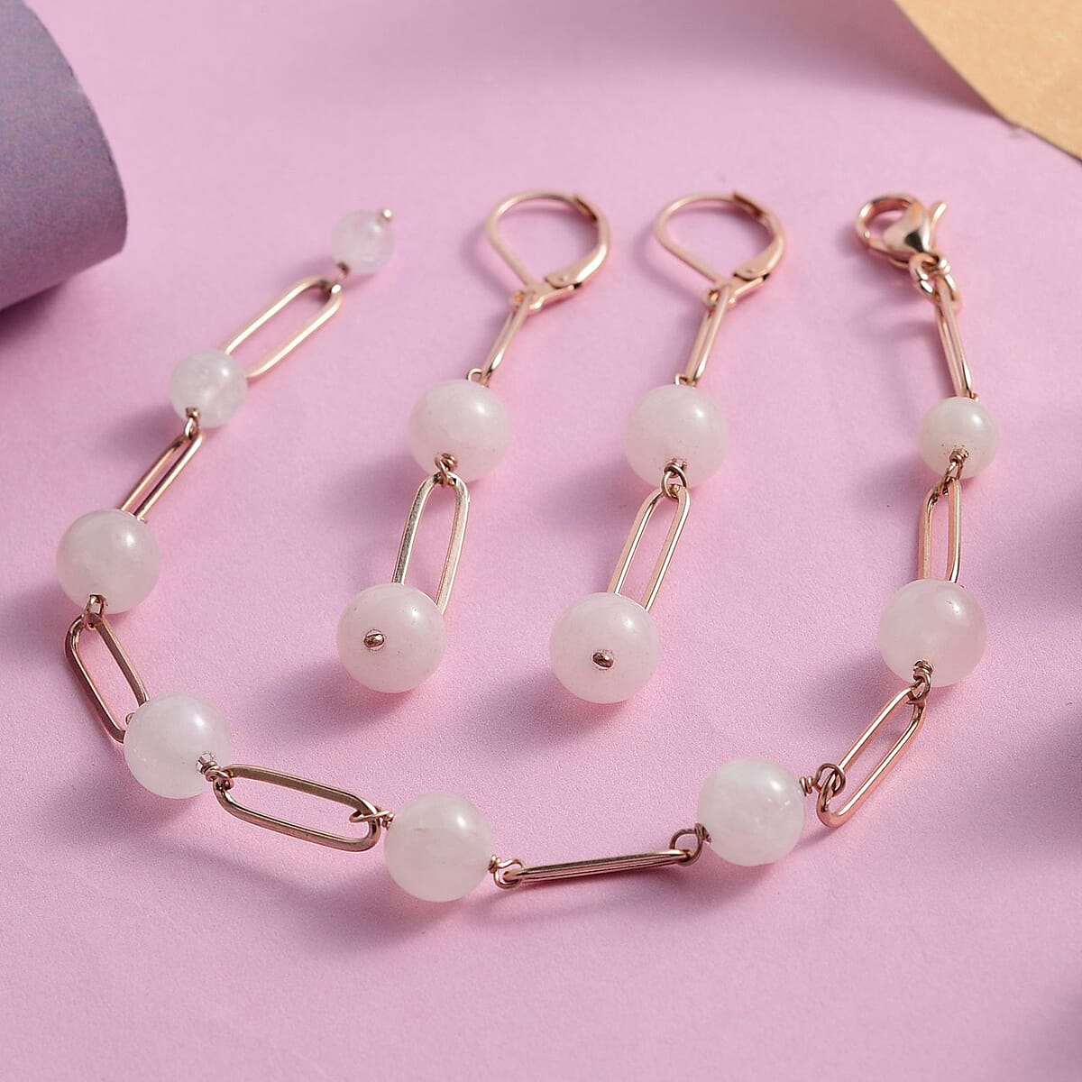Galilea Rose Quartz Paper Clip Chain Station Bracelet (8In) and Earrings in ION Plated RG Stainless Steel 34.15 ctw | Tarnish-Free, Waterproof, Sweat Proof Jewelry image number 1