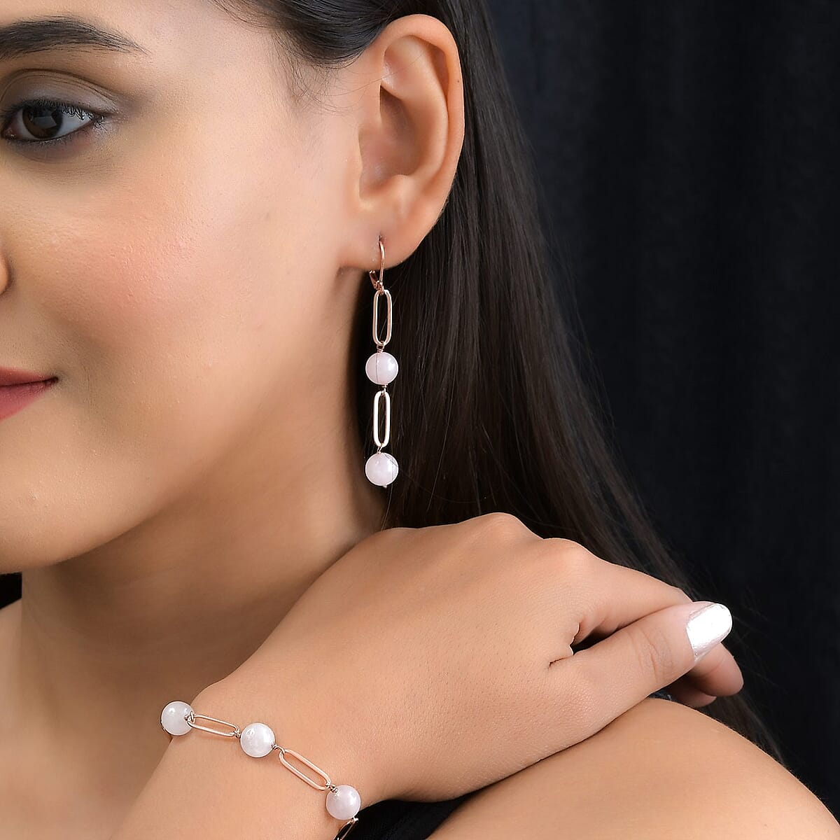Galilea Rose Quartz Paper Clip Chain Station Bracelet (8In) and Earrings in ION Plated RG Stainless Steel 34.15 ctw | Tarnish-Free, Waterproof, Sweat Proof Jewelry image number 2