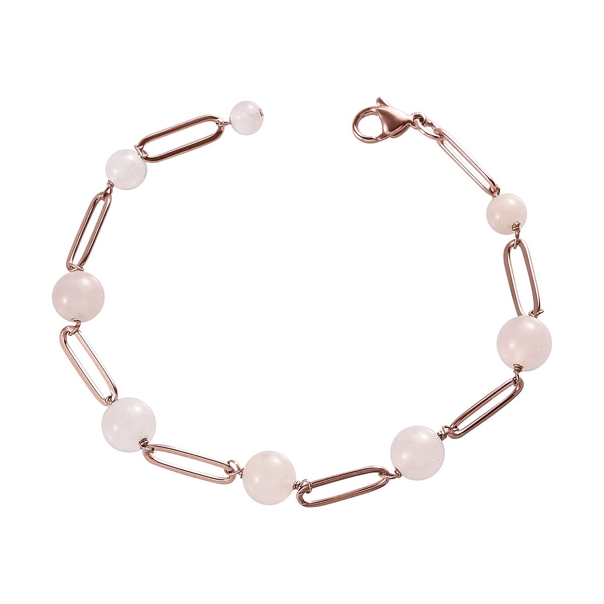 Galilea Rose Quartz Paper Clip Chain Station Bracelet (8In) and Earrings in ION Plated RG Stainless Steel 34.15 ctw | Tarnish-Free, Waterproof, Sweat Proof Jewelry image number 3