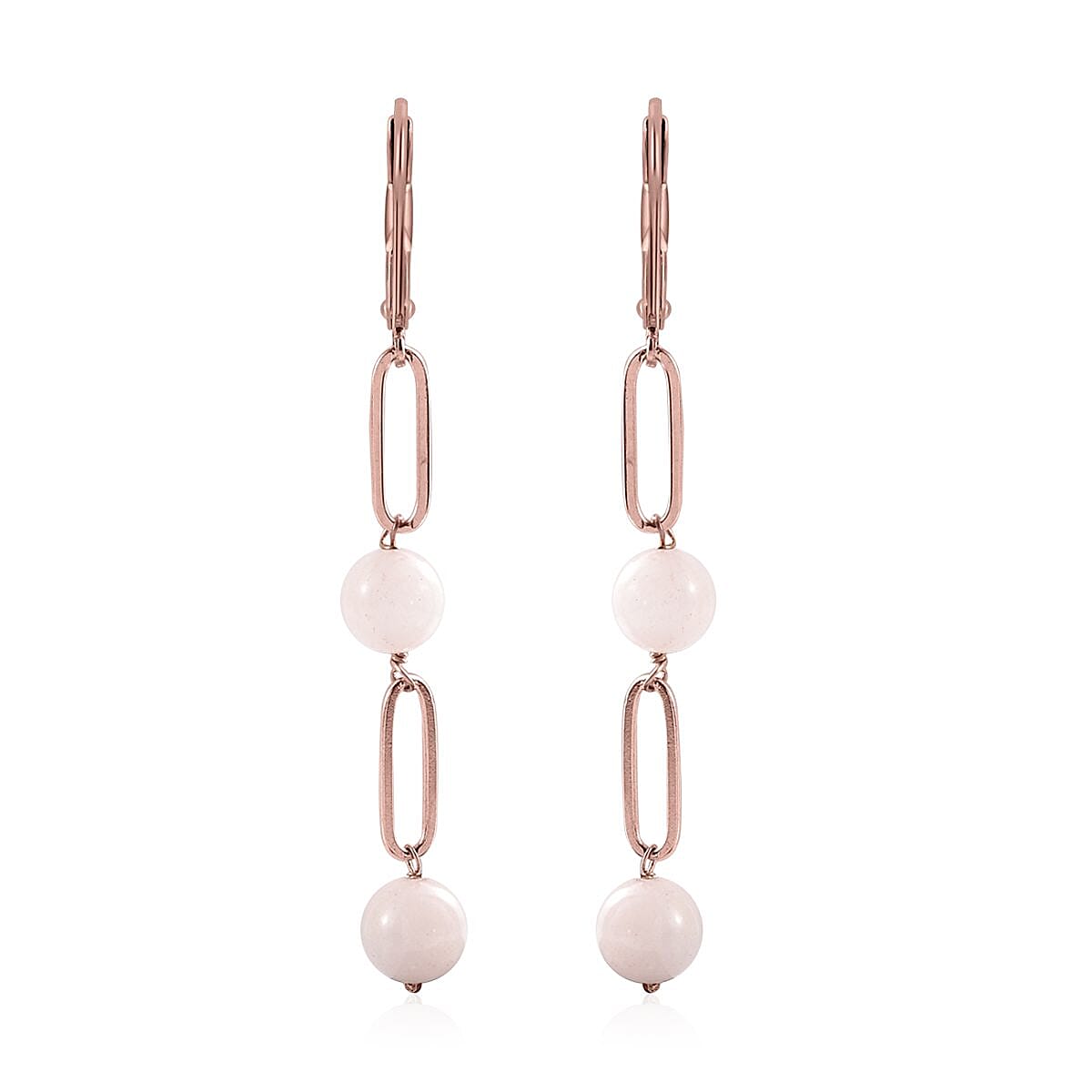 Galilea Rose Quartz Paper Clip Chain Station Bracelet (8In) and Earrings in ION Plated RG Stainless Steel 34.15 ctw | Tarnish-Free, Waterproof, Sweat Proof Jewelry image number 5