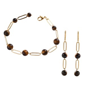 Tiger's Eye Paper Clip Chain Station Bracelet (8In) and Earrings in ION Plated YG Stainless Steel 33.90 ctw , Tarnish-Free, Waterproof, Sweat Proof Jewelry