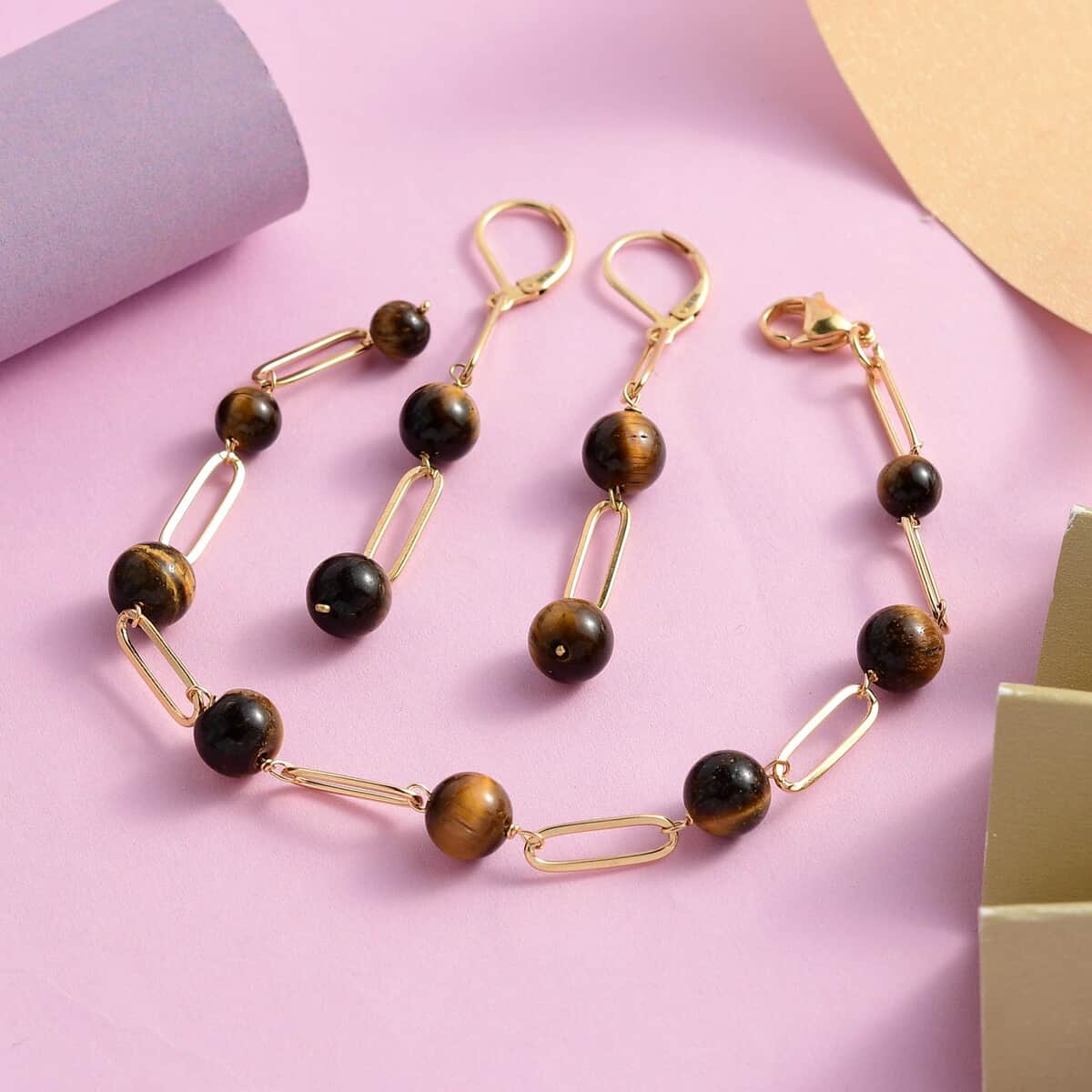 Tiger's Eye Paper Clip Chain Station Bracelet (8In) and Earrings in ION Plated YG Stainless Steel 33.90 ctw , Tarnish-Free, Waterproof, Sweat Proof Jewelry image number 1