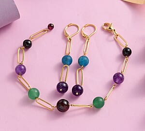 Multi Gemstone Paper Clip Chain Station Bracelet (8In) and Earrings in ION Plated YG Stainless Steel 42.60 ctw , Tarnish-Free, Waterproof, Sweat Proof Jewelry