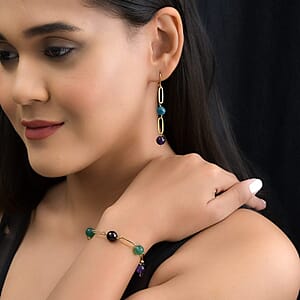 Multi Gemstone Paper Clip Chain Station Bracelet (8In) and Earrings in ION Plated YG Stainless Steel 42.60 ctw , Tarnish-Free, Waterproof, Sweat Proof Jewelry