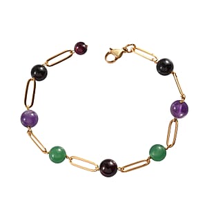 Multi Gemstone Paper Clip Chain Station Bracelet (8In) and Earrings in ION Plated YG Stainless Steel 42.60 ctw , Tarnish-Free, Waterproof, Sweat Proof Jewelry