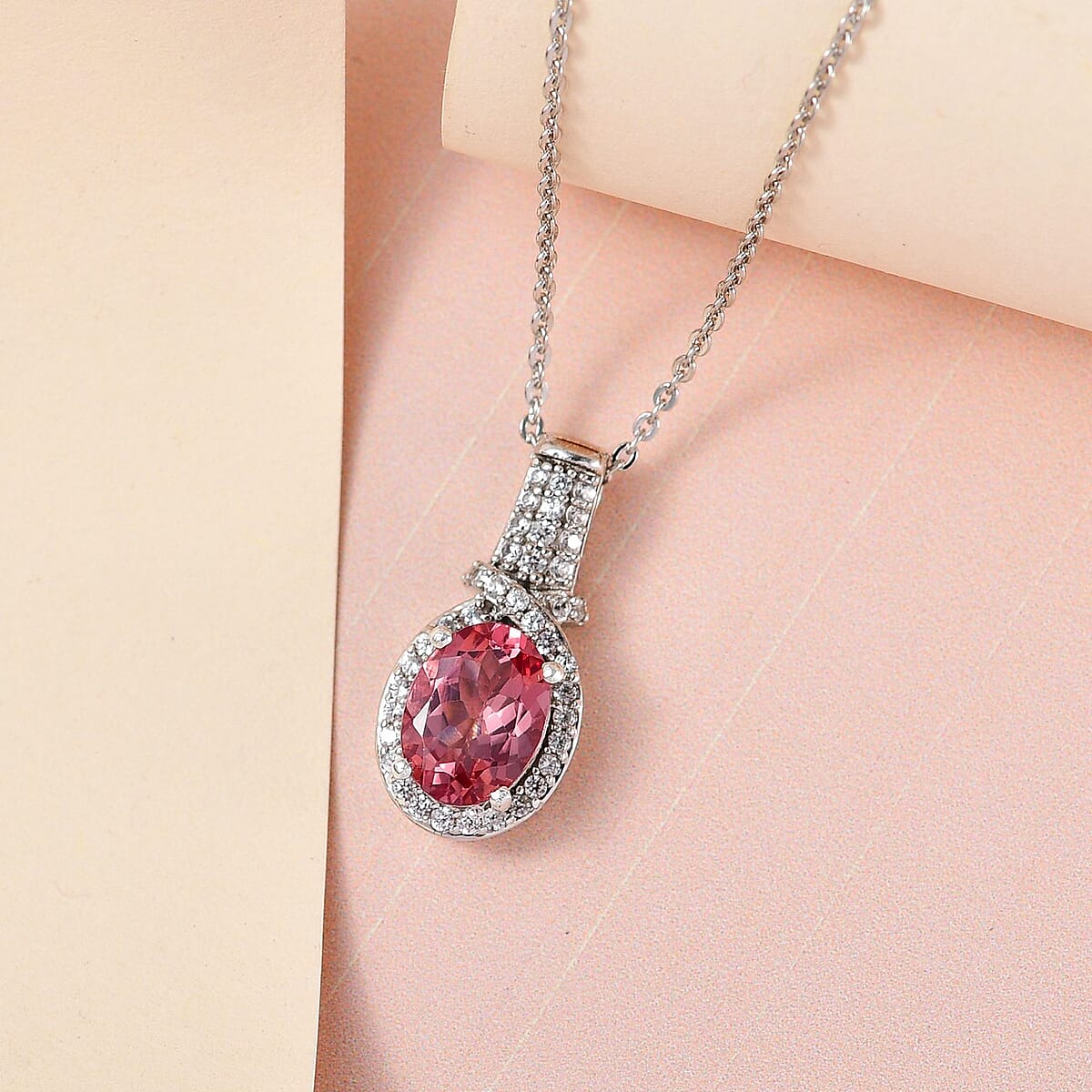 Red Apatite and White Zircon Pendant Necklace 20 Inches in Platinum Over Sterling Silver 1.65 ctw image number 1