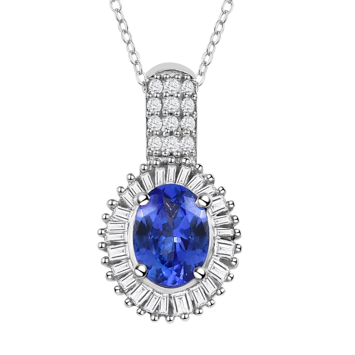 AAA Tanzanite and Diamond Halo Pendant Necklace 20 Inches in Platinum Over Sterling Silver 1.40 ctw image number 0
