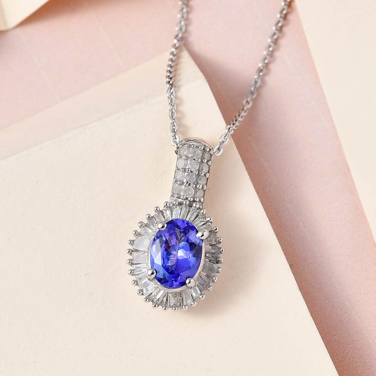 AAA Tanzanite and Diamond Halo Pendant Necklace 20 Inches in Platinum Over Sterling Silver 1.40 ctw image number 1