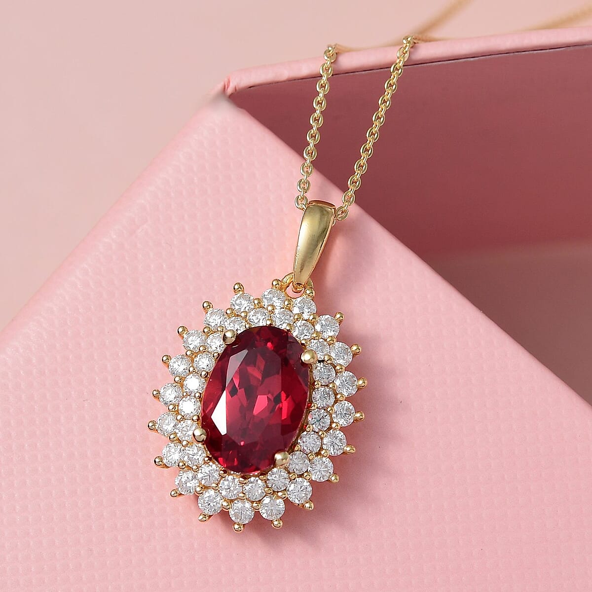 Lab Created Padparadscha Sapphire and Moissanite Double Halo Pendant Necklace 20 Inches in Vermeil Yellow Gold Over Sterling Silver 6.25 ctw image number 1