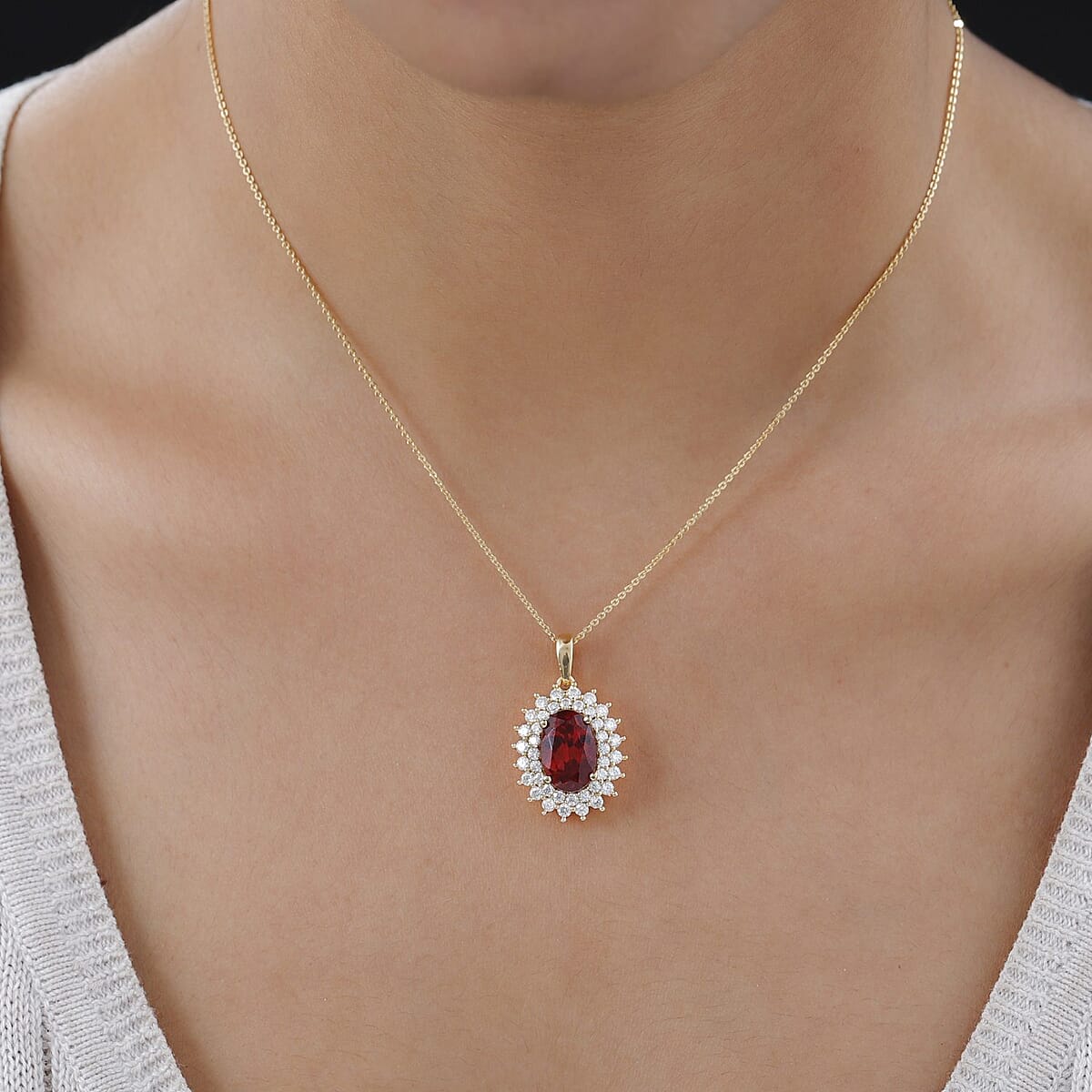 Lab Created Padparadscha Sapphire and Moissanite Double Halo Pendant Necklace 20 Inches in Vermeil Yellow Gold Over Sterling Silver 6.25 ctw image number 2