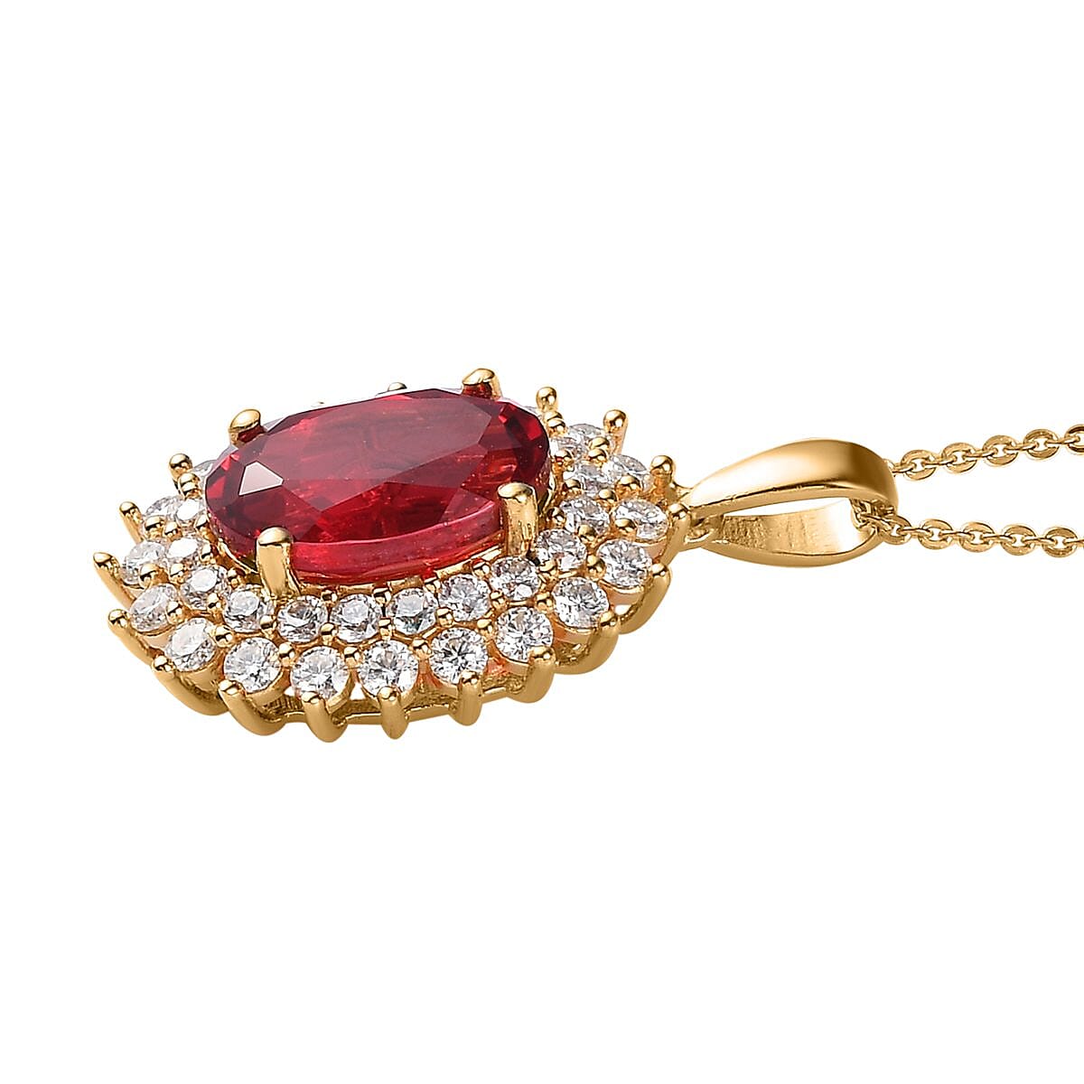 Lab Created Padparadscha Sapphire and Moissanite Double Halo Pendant Necklace 20 Inches in Vermeil Yellow Gold Over Sterling Silver 6.25 ctw image number 3