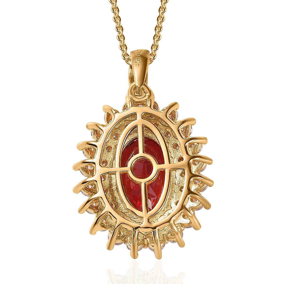 Lab Created Padparadscha Sapphire and Moissanite Double Halo Pendant Necklace 20 Inches in Vermeil Yellow Gold Over Sterling Silver 6.25 ctw image number 4