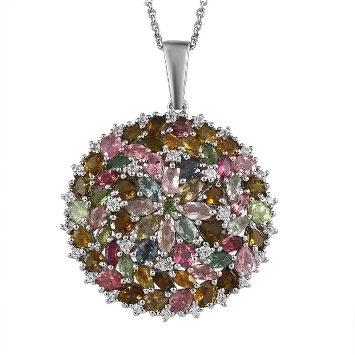 Multi-Tourmaline and White Zircon Floral Pendant Necklace 20 Inches in Platinum Over Sterling Silver 7.85 ctw image number 0