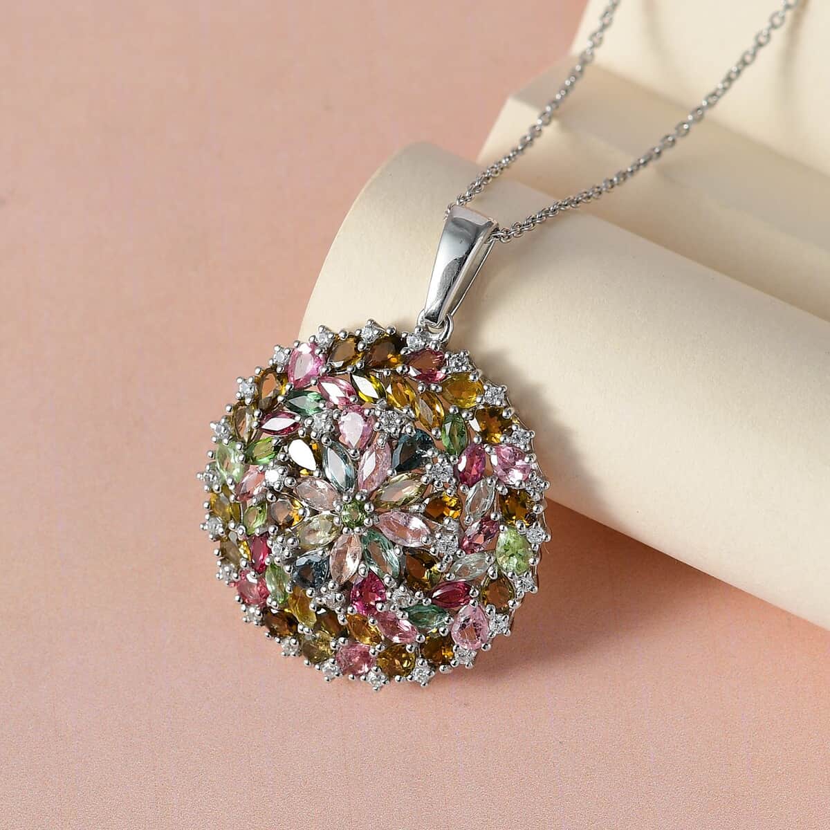 Multi-Tourmaline and White Zircon Floral Pendant Necklace 20 Inches in Platinum Over Sterling Silver 7.85 ctw image number 1