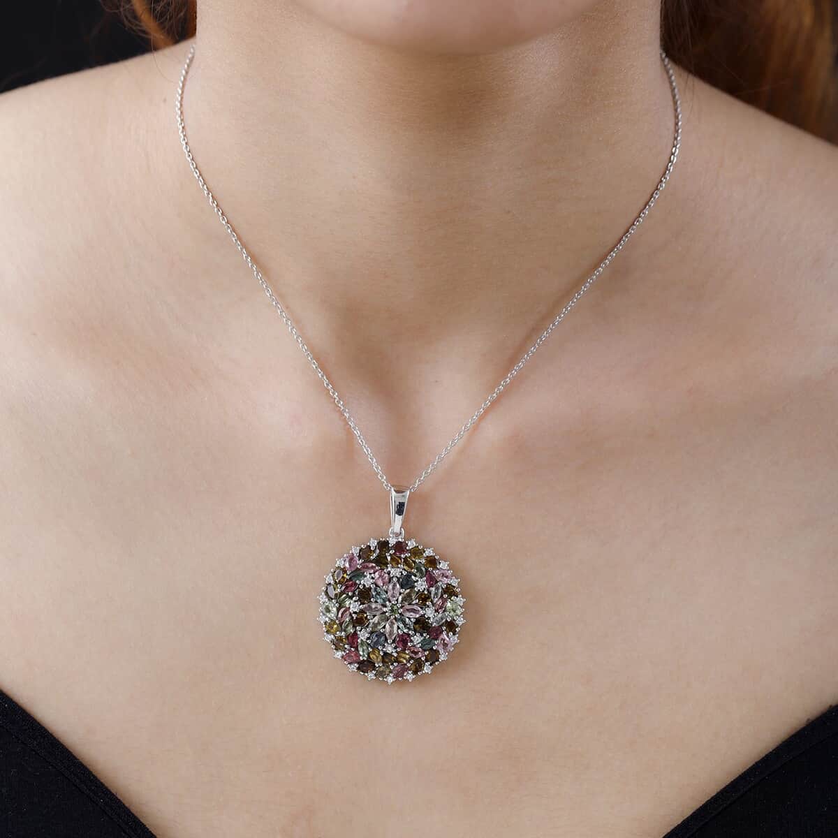 Multi-Tourmaline and White Zircon Floral Pendant Necklace 20 Inches in Platinum Over Sterling Silver 7.85 ctw image number 2