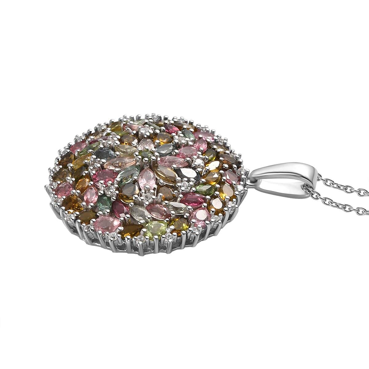 Multi-Tourmaline and White Zircon Floral Pendant Necklace 20 Inches in Platinum Over Sterling Silver 7.85 ctw image number 3