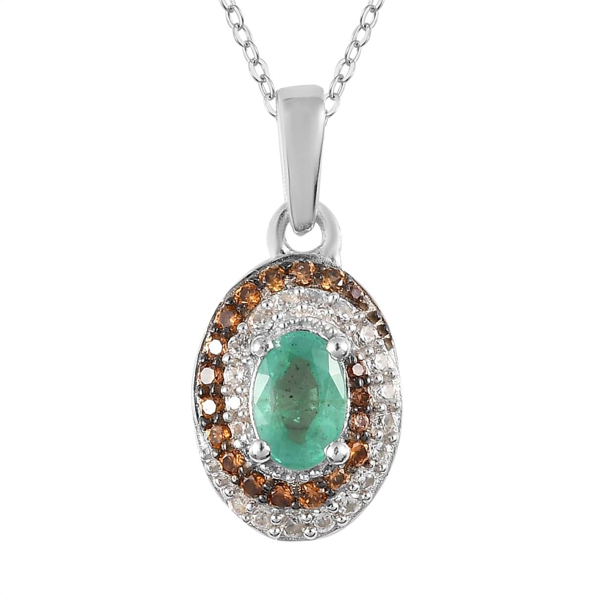 Ethiopian Emerald, White and Coffee Zircon Halo Pendant Necklace 20 Inches in Platinum Over Sterling Silver 0.85 ctw image number 0